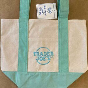 💚 Trader Joe's MINI PASTEL CANVAS TOTE BAG NWT Limited Reusable MINT TEAL GREEN